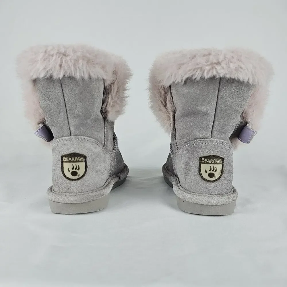Bearpaw Betsey Girls Youth Size 11 Grey Suede Faux Fur Trim Winter Ankle Boots